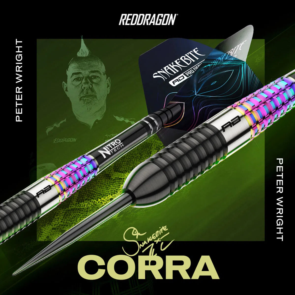 RED DRAGON DARTS - 50-jarig jubileumspelerseditie - Peter Wright 'Snakebite' 21g - Professionele dartset met stalen punt en 90% wolfraam - Inclusief Dartvluchten en Dartstelen