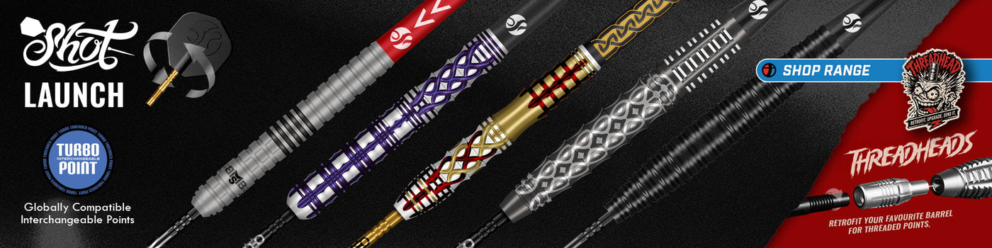 Promotional graphic showing several dart shafts and tips arranged diagonally on a dark background, with text including 'Shot Launch', 'Threadheads', and 'Shop Range'. The product appears to be darts or dart accessories, with multiple colorways visible at once.