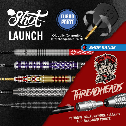 Promotional graphic for Shot Launch threaded darts, showing several barrel-retrofitted dart tips in silver, purple, red, and gold on a dark background with red and blue brand panels. Visible text includes 'Shot Launch', 'Threadheads', 'Turbo Point', and 'Shop Range'.