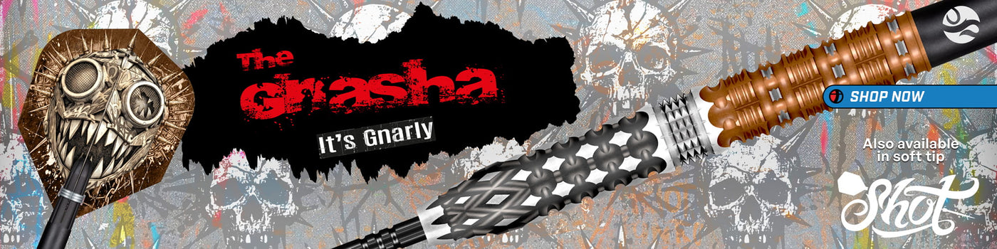 Promotional graphic for 'The Grasha' by Karate Shot, featuring a close-up of a metallic nunchaku with a skull-patterned head and a black-and-white checkered middle section, alongside a skull mask and the text 'It's onaly' and a blue 'SHOP NOW' banner.