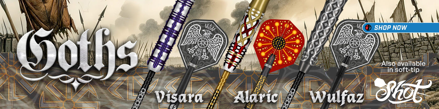A promotional banner for a 'Goths' themed product set, featuring three fantasy-themed throwing knives labeled Visara, Alaric, and Wulfawr, alongside a red circular ornament. The background depicts a dark, gothic scene with a ship and a castle under a smoky sky.