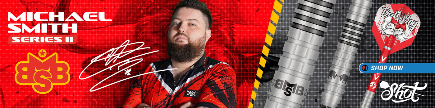 Promotional banner for Michael Smith Series II of ESB Shot, featuring a portrait of Michael Smith, silver and black dart barrels, a red dart, and branding logos on a red and black background.