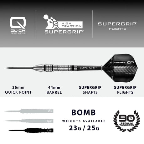 Harrows Supergrip QP Bomb 90% Tungsten Steel Tip Darts