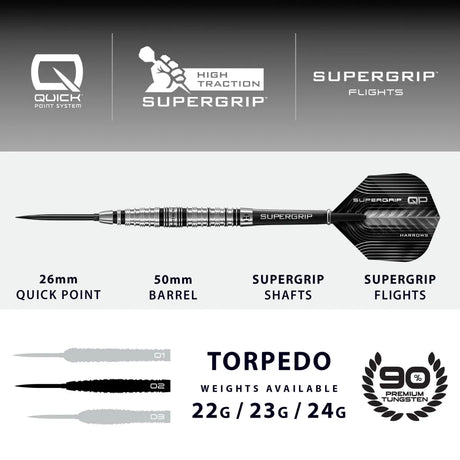 Harrows Supergrip QP Torpedo 90% Tungsten Steel Tip Darts