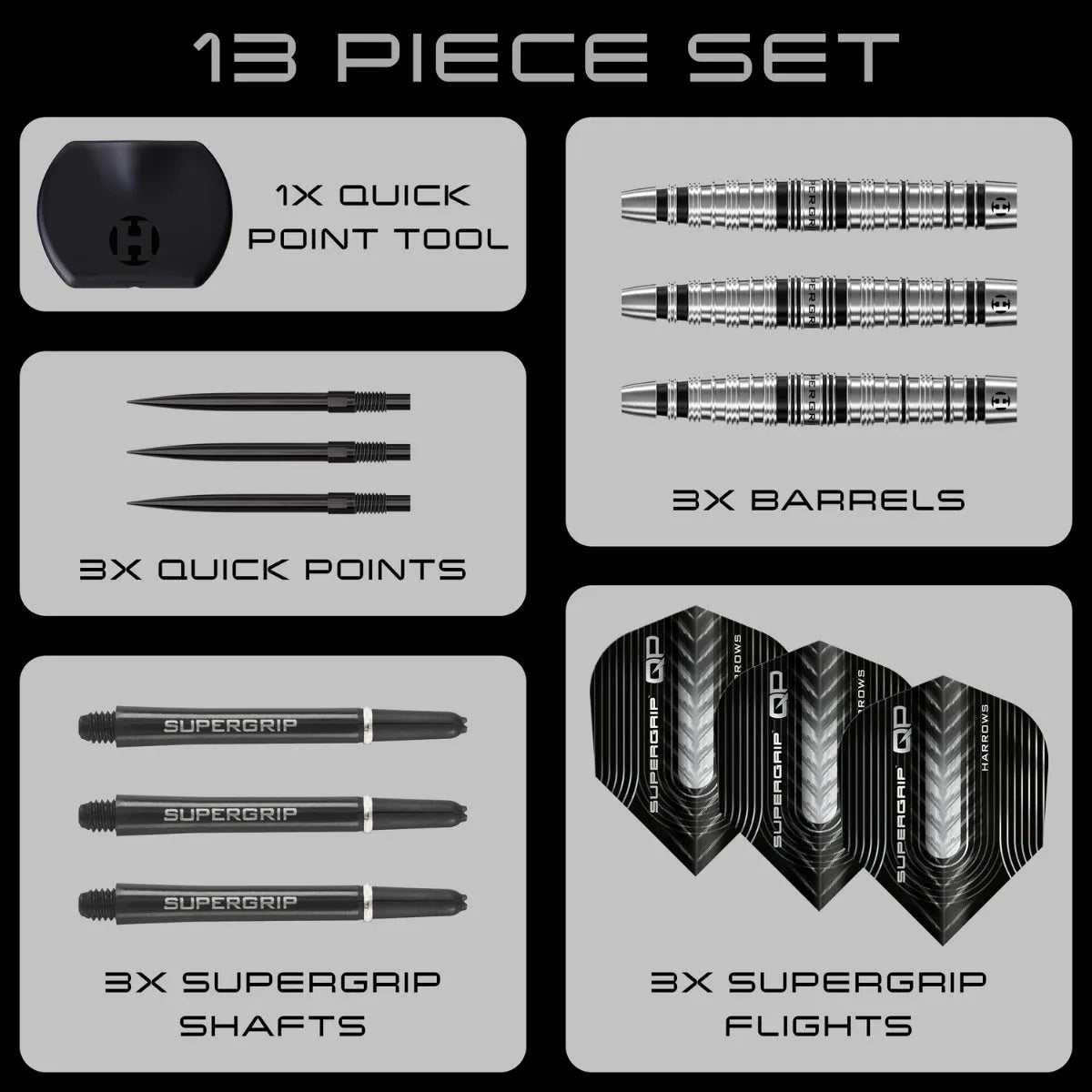 Harrows Supergrip QP Torpedo 90% Tungsten Steel Tip Darts-6-22 GRAM-Premier Darts
