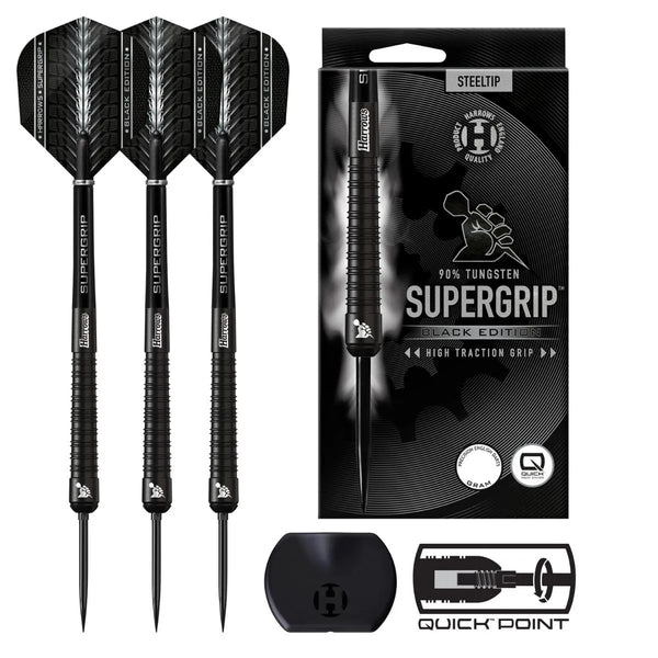Harrows Supergrip Black QP 90% Tungsten Steel Tip Darts-1-21 GRAM-Premier Darts