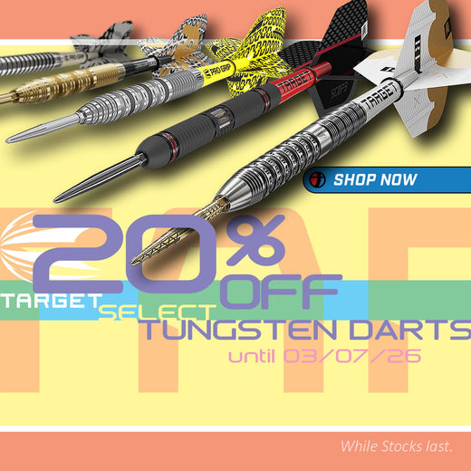 Promotional image of Target Select tungsten darts with a 'Shop Now' button and discount offer on a colorful background.