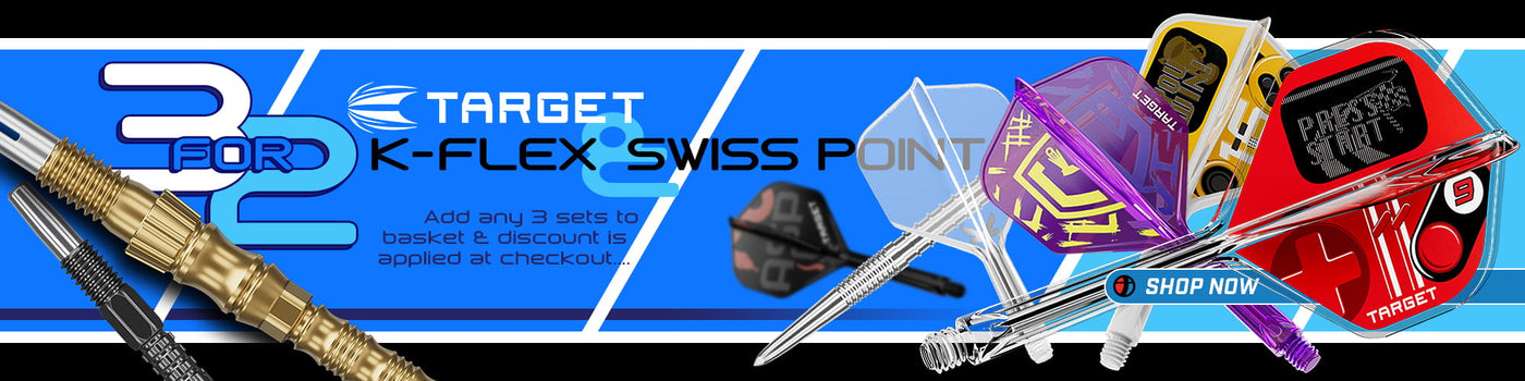 Target 3 for 2 promotion banner featuring K-Flex dart flights and Swiss Point metal dart barrels on a blue background.