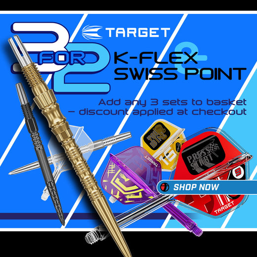 Target 3 for 2 promotion banner featuring gold and black K-Flex dart flights and Swiss Point barrels on a blue background.