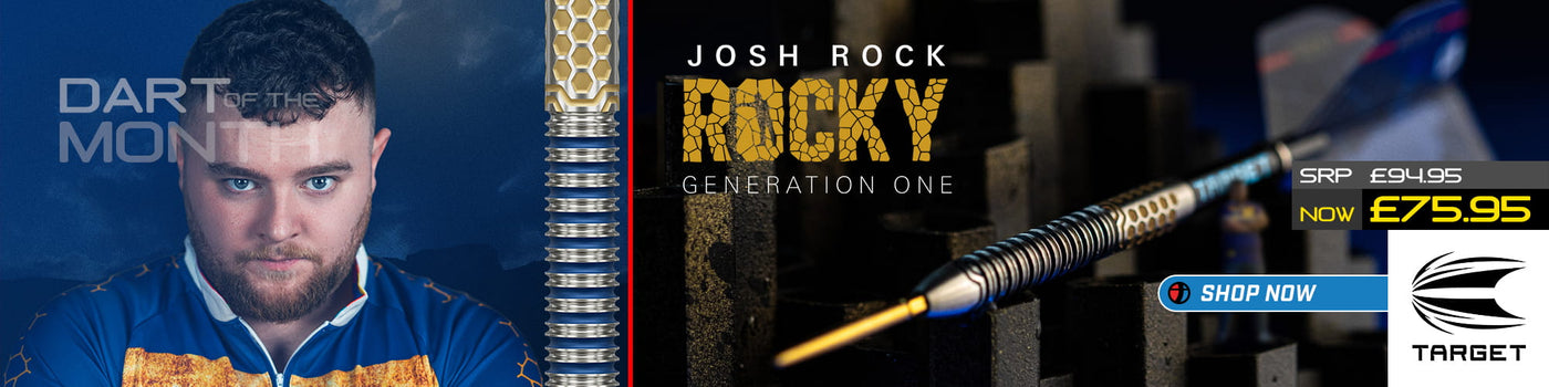 Josh Rock promotional banner featuring the Target Rocky Generation One dart with blue and gold metallic detailing.
