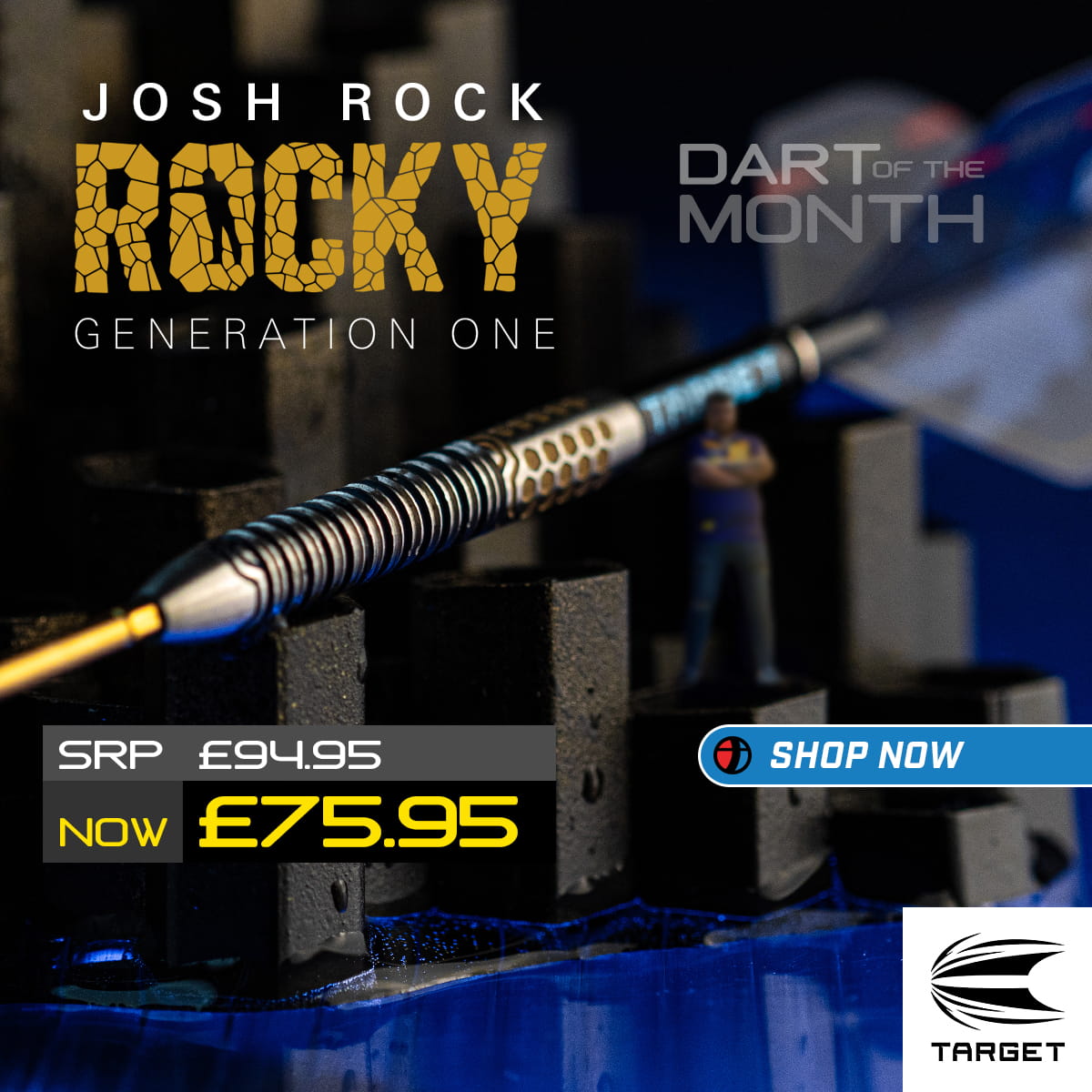 Josh Rock Rocky Generation One dart on a black stand with promotional pricing and Target branding.