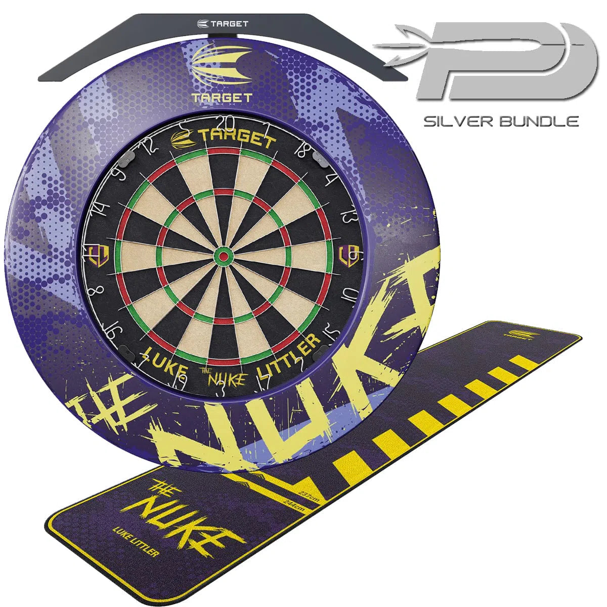 Target Darts Luke Littler SILVER Bundle - Surround, Mat, Dartboard and Arc Light