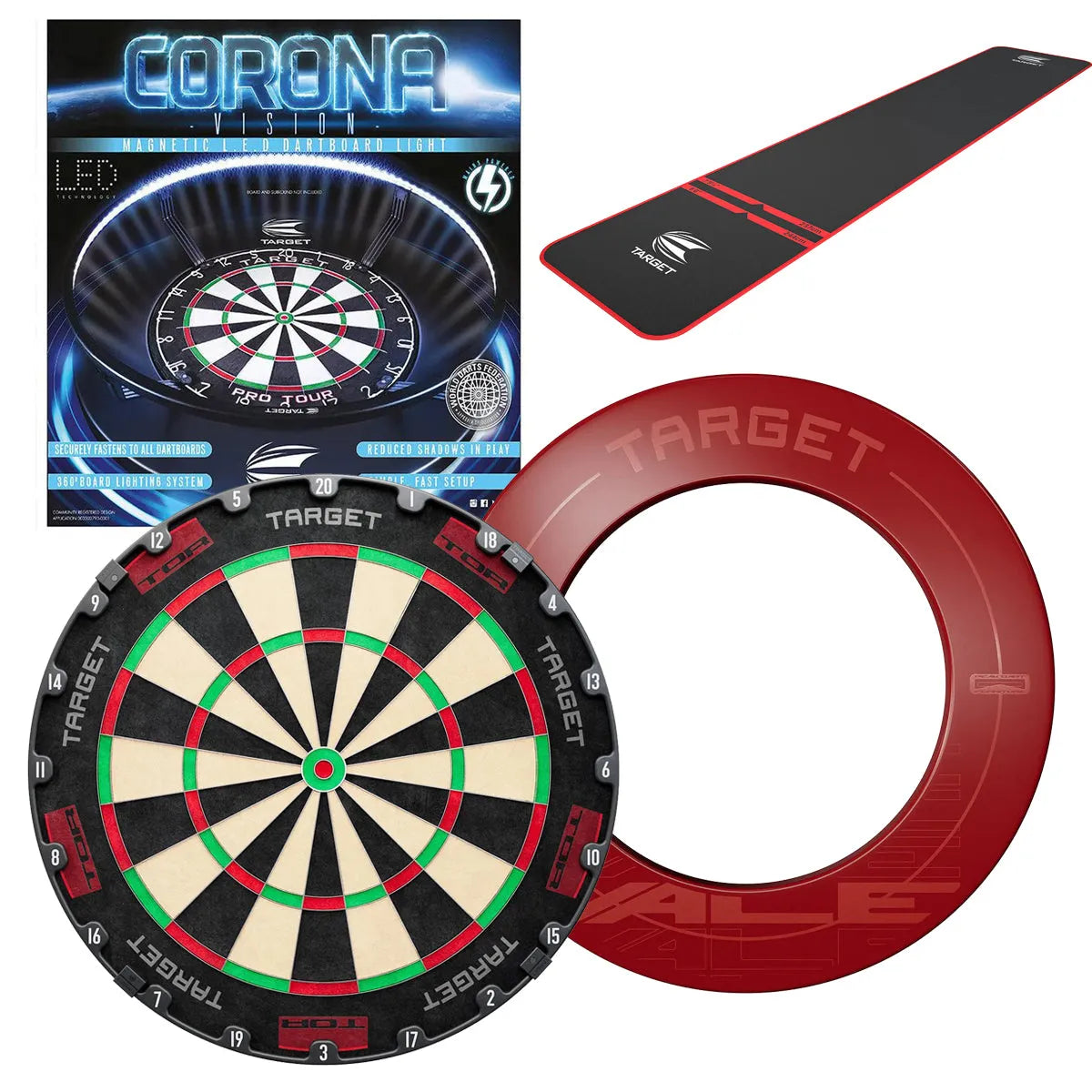 Target Tor Board, Corona Light, World Chamion Mat & Vale Surround Bundle-20-Red-Premier Darts