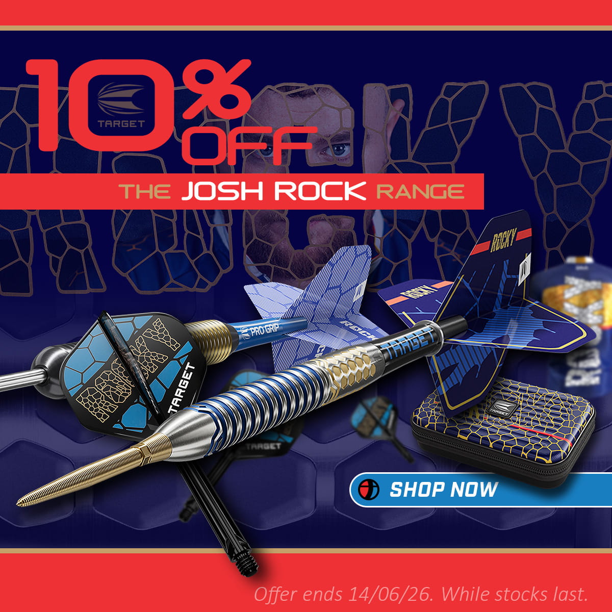 Promotional image of darts with '10% off the Josh Rock range' offer on a blue and red background.