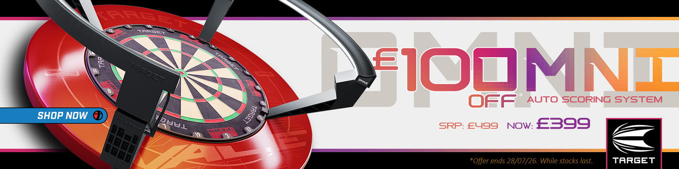 Target Omni auto-scoring dartboard with red surround and lighting system, featuring a 100 pound off promotional discount.