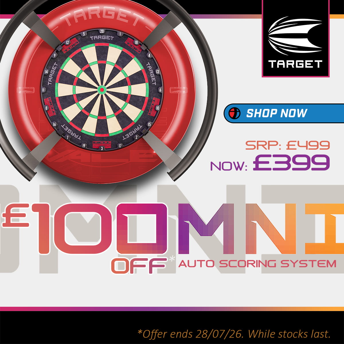Target Omni dartboard with auto-scoring system on sale for £399 with a £100 discount promotion.