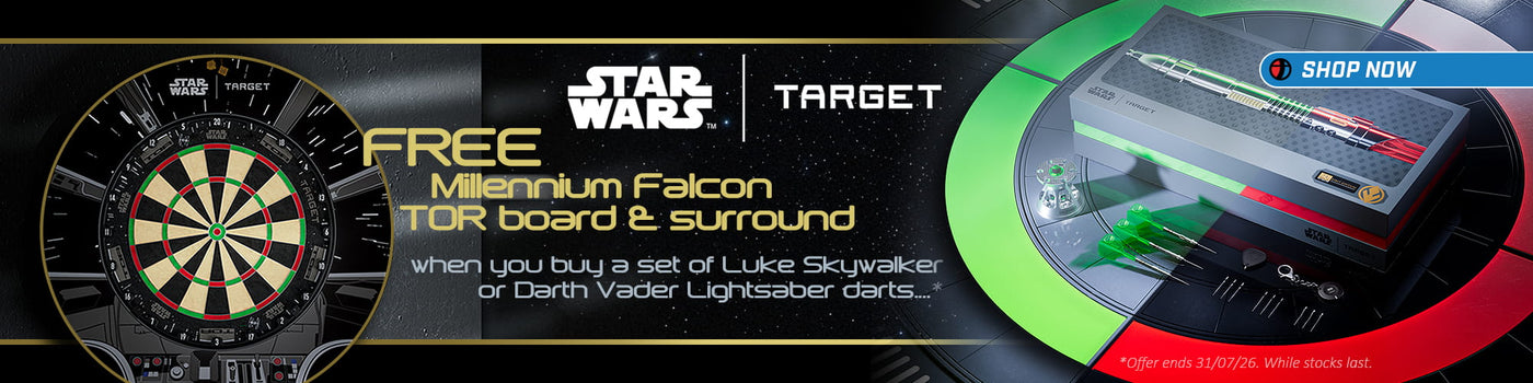 Promotional banner for Star Wars Target with a dartboard and packaging, featuring a free Millennium Falcon Tor board offer.
