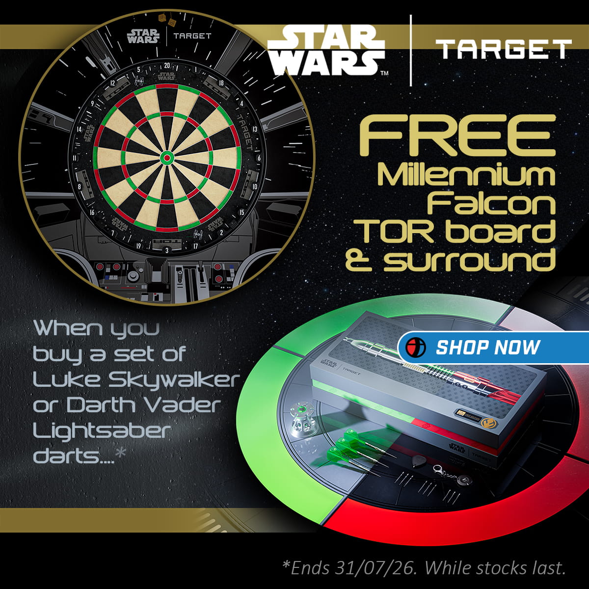 Star Wars Target advertisement with dartboard and lightsaber darts, offering a free Millennium Falcon TOR board & surround.