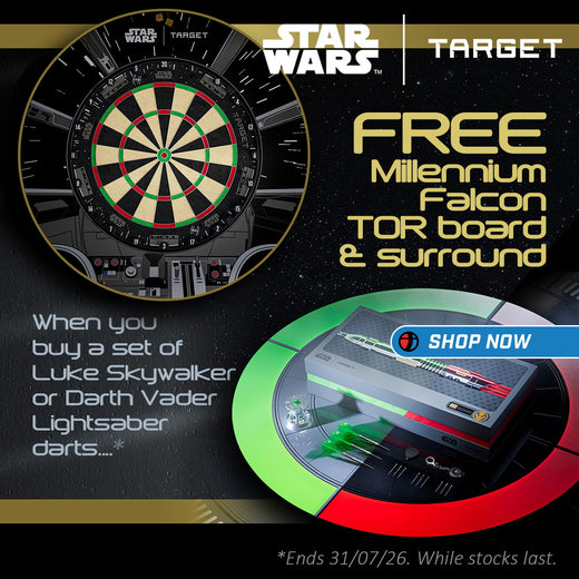 Star Wars Target advertisement with dartboard and lightsaber darts, offering a free Millennium Falcon TOR board & surround.