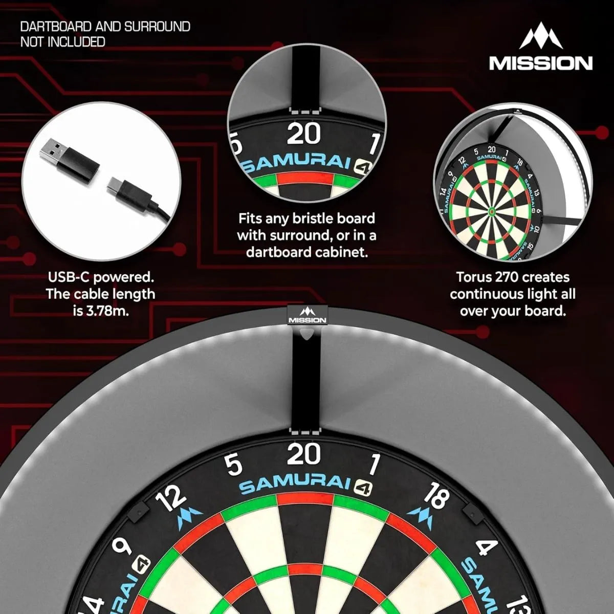 Mission Torus 270 Dartboard Lighting - USB-C-3-Black-Premier Darts