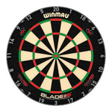 Winmau dartboard with black, red, and green design on a white background