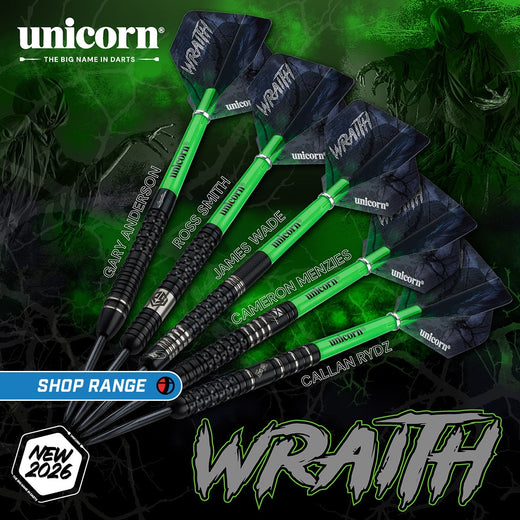 Unicorn Wraith darts with player names on a dark green background