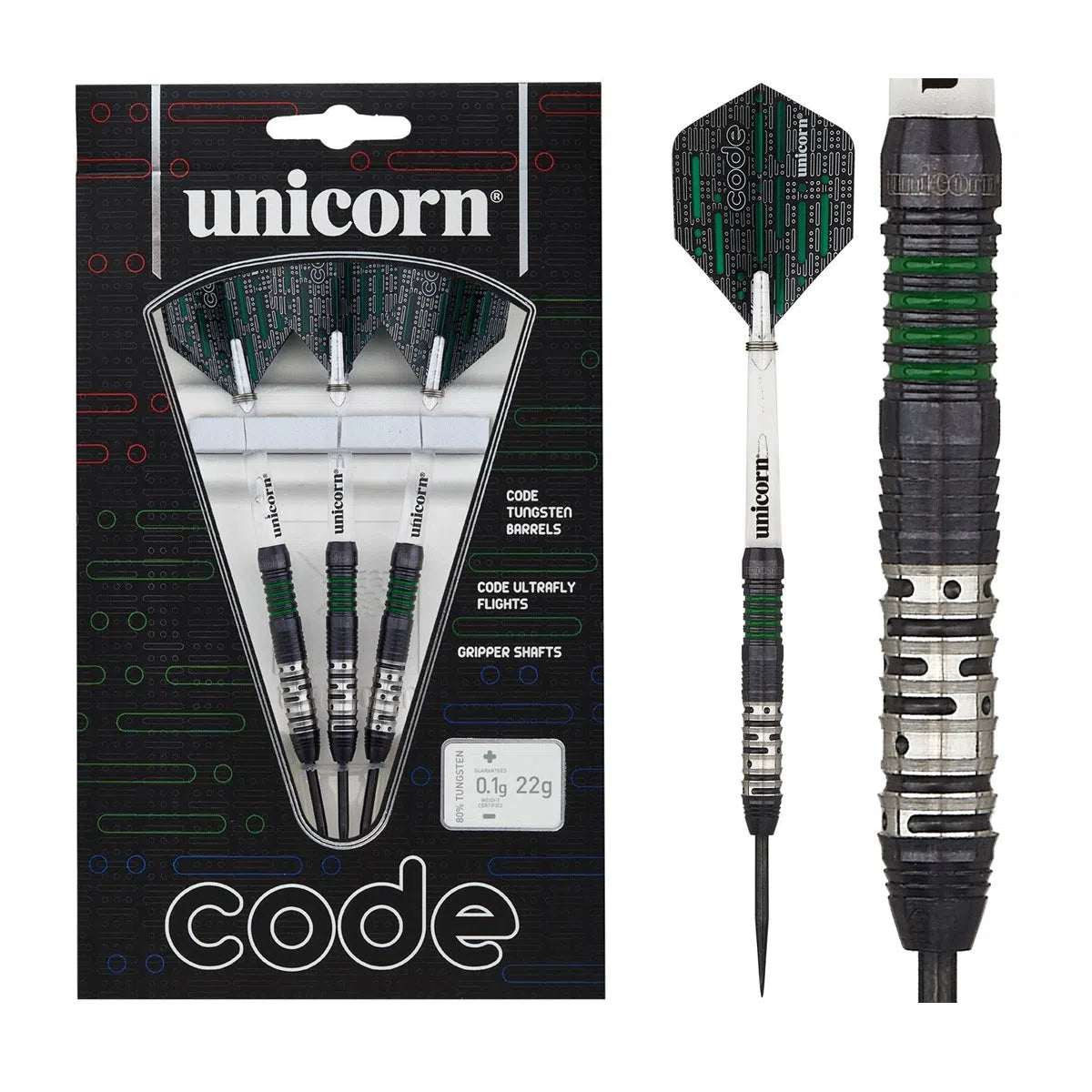 Unicorn Code Green 80% Tungsten Steel Tip Darts – Premier Darts
