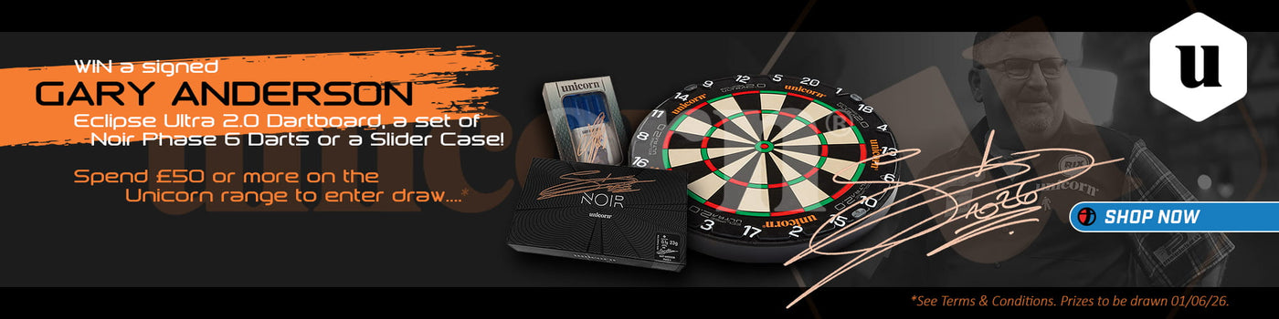 Promotional banner for Gary Anderson's dartboard set with a dart and branded logo.