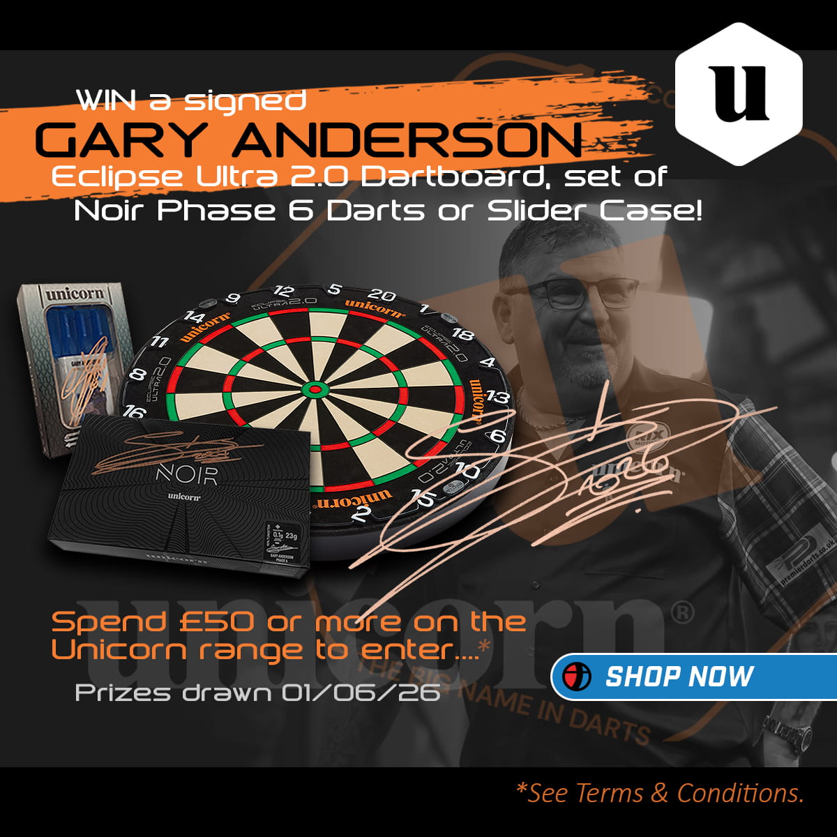 Promotional image for a dartboard and darts set with Gary Anderson branding and Unicorn logo.