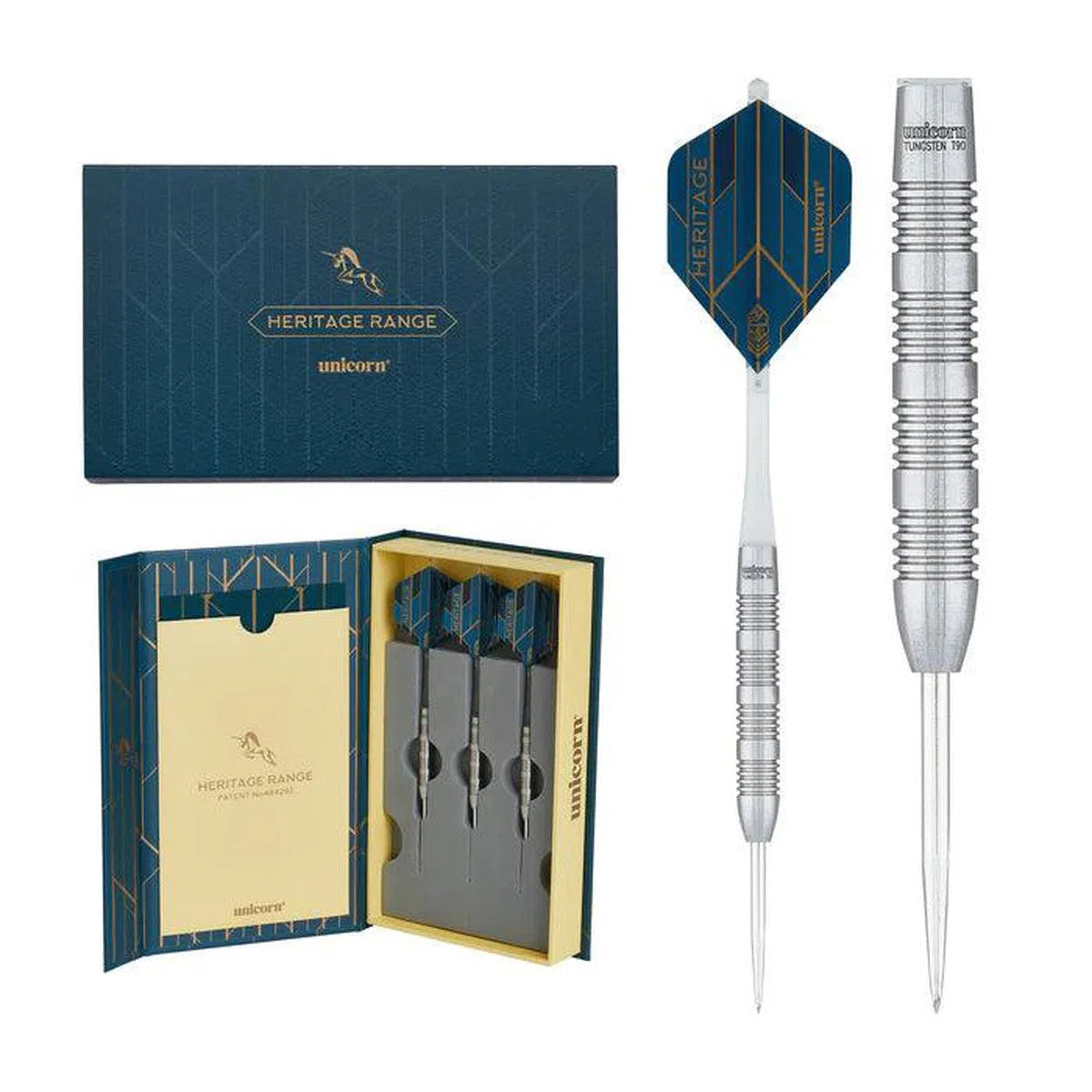 Unicorn Stalen tip dartset | Heritage Range Maestro 1985 | 80% natuurlijke wolfraam vaten met blauwe accenten en lasergeëtst U-logo keurmerk | 22 g Unicorn Stalen tip dartset | Heritage Range Maestro 1985 | 80% natuurlijke wolfraam vaten met blauwe accenten en lasergeëtst U-logo keurmerk | 22 g