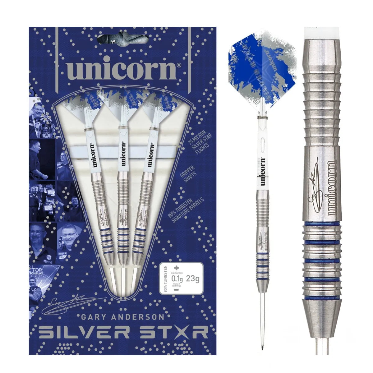 Unicorn Darts Gary Anderson Silver Star P3 80% Tungsten Steel Tip Darts-1-21 GRAM-Premier Darts