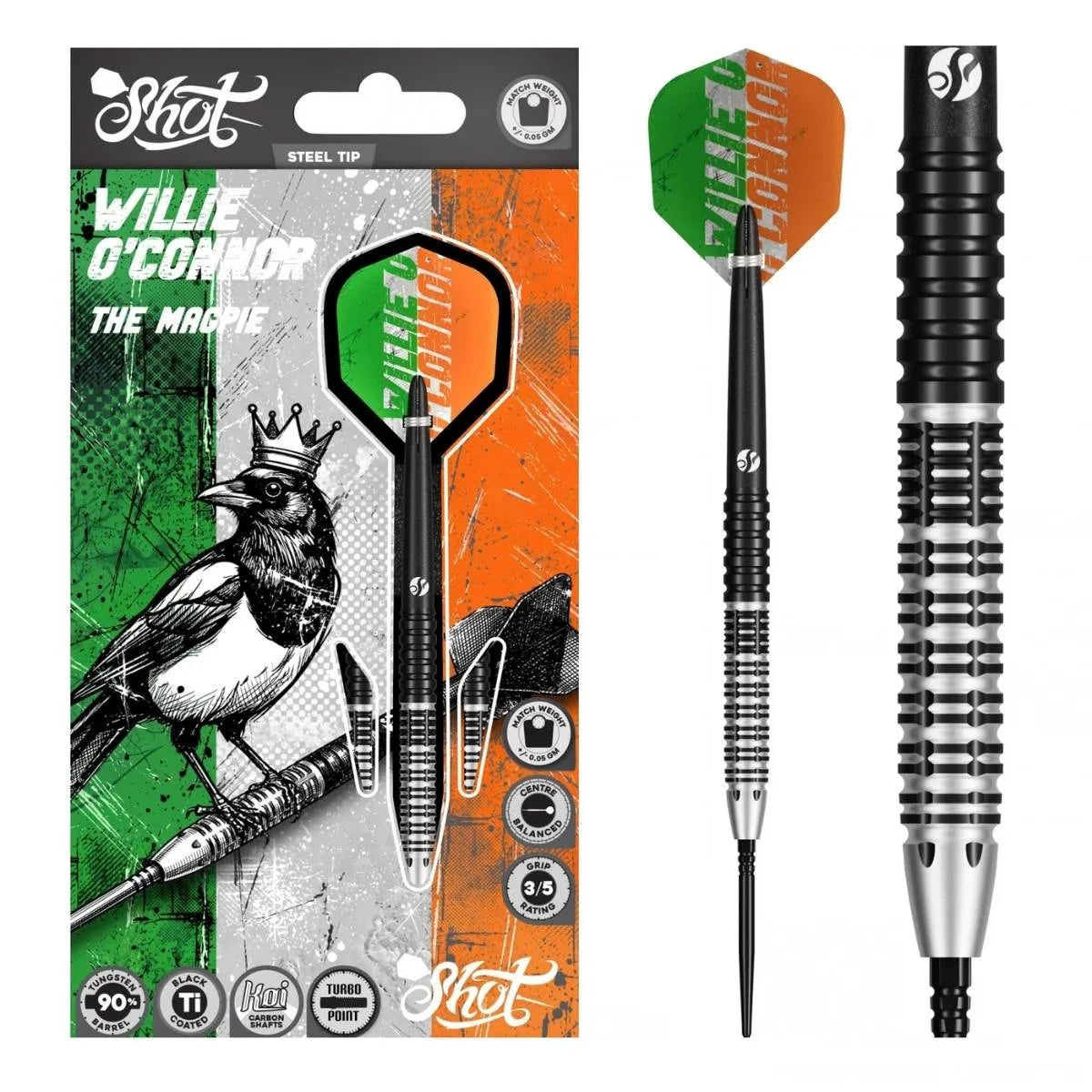 Shot Pro Series Willie O'Connor Magpie TP 90% Tungsten Steel Tip Darts-1-23 GRAM-Premier Darts
