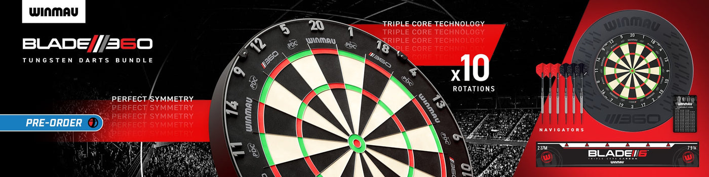 Dartboard with branding and product details on a dark background