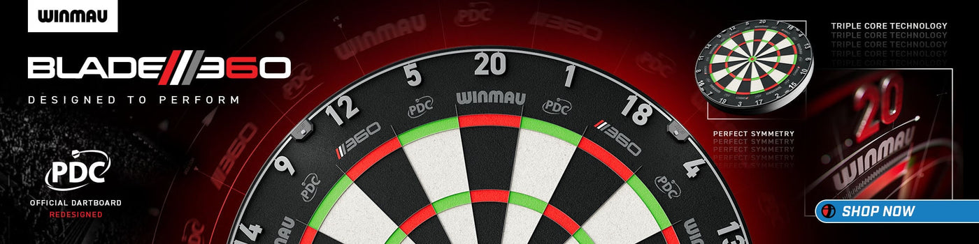 Winmau Blade 360 dartboard with branding and product details on a dark background
