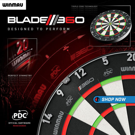 Winmau Blade 360 dartboard with branding and product details on a dark background