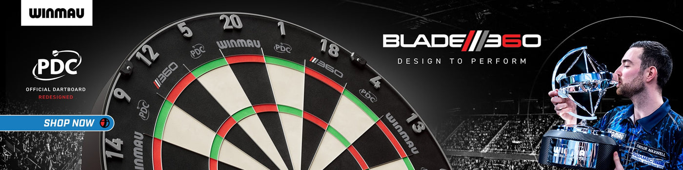 Dartboard with Winmau branding and a person holding a trophy, featuring Blade 360 and PDC logos.
