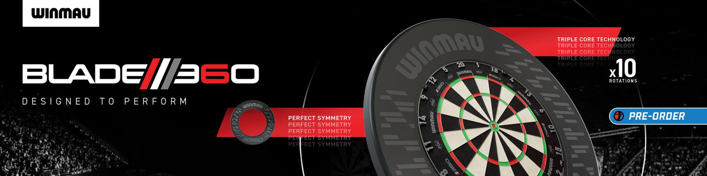 Winmau Blade 360 dartboard with branding and product details on a black background
