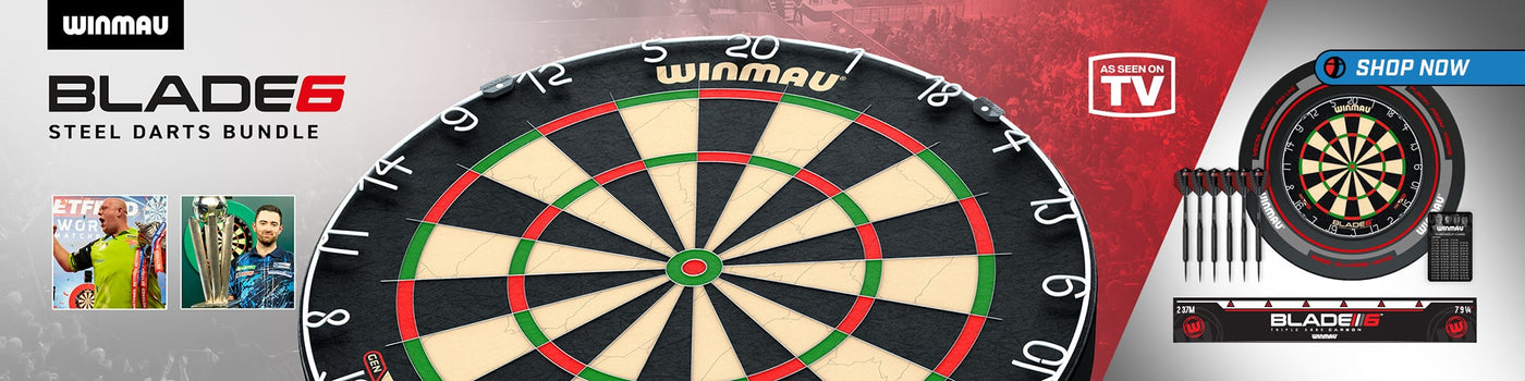 Winmau Blade 6 dartboard with branding and promotional elements on a red and gray background.