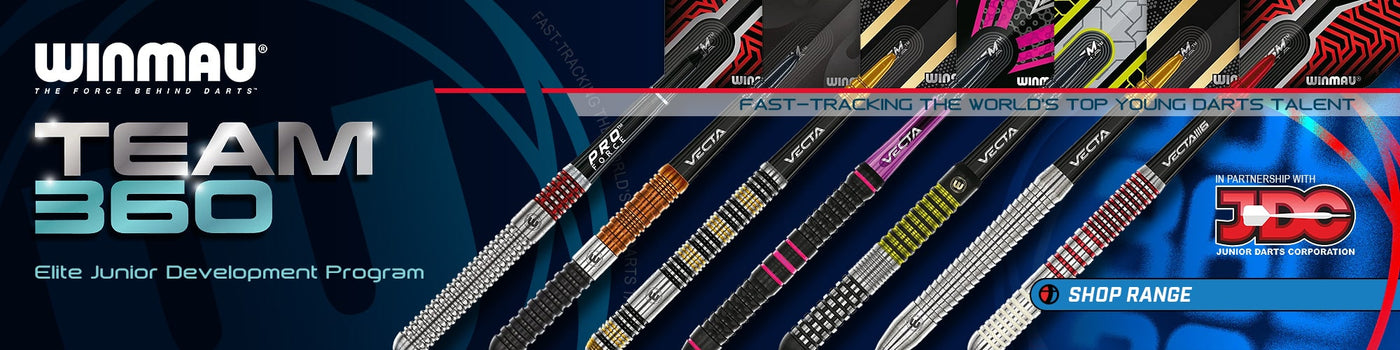 Winmau Team 360 elite junior development program banner with various darts and branding elements.