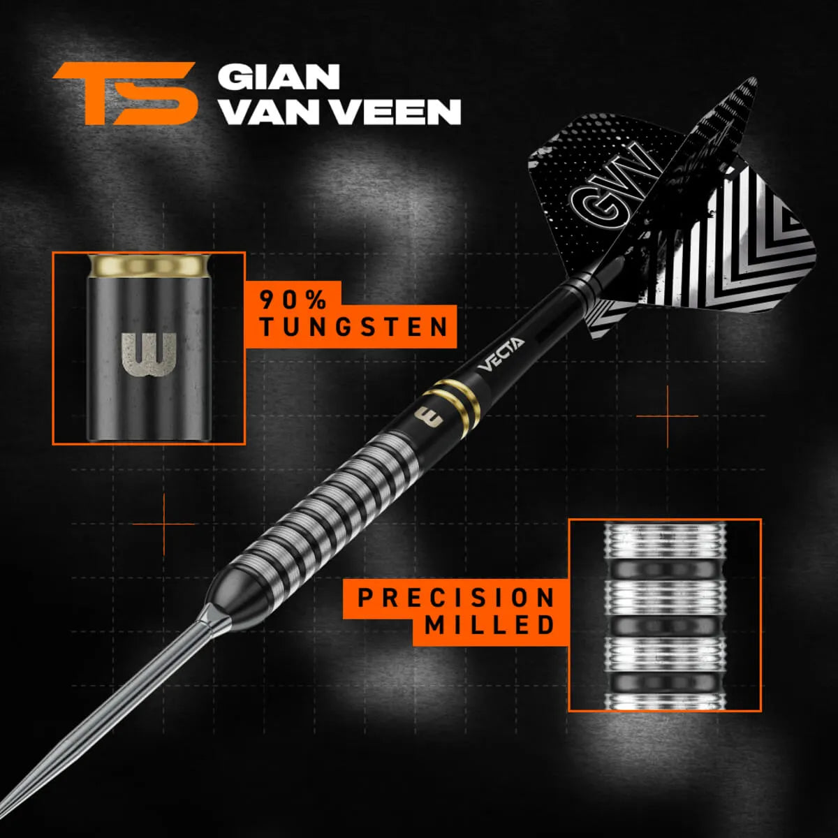Winmau Gian van Veen TS SP 90% Tungsten Steel Tip Darts-2-23 GRAM-Premier Darts