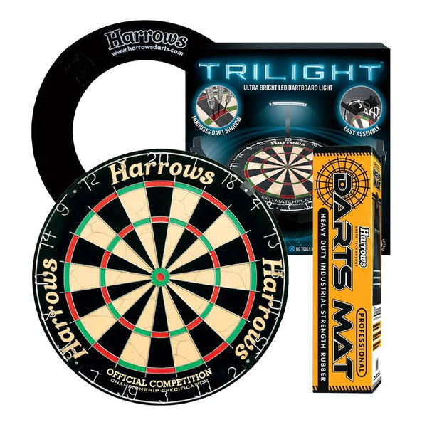 Harrows Official Competition Board, Trilight, Rubber Mat & Surround Bundle-1-Black-Premier Darts