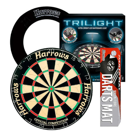 Harrows Official Competition Board, Trilight, Nylon Mat & Surround Bundle-1-Black-Premier Darts