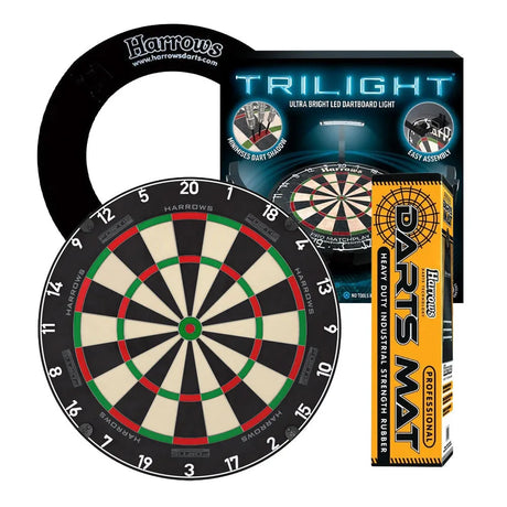 Harrows Fortis Board, Trilight, Rubber Mat & Surround Bundle-1-Black-Premier Darts