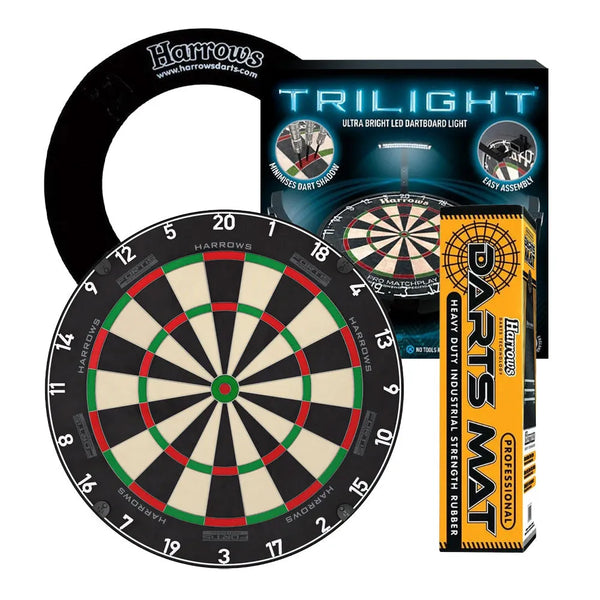 Harrows Fortis Board, Trilight, Rubber Mat & Surround Bundle-1-Black-Premier Darts