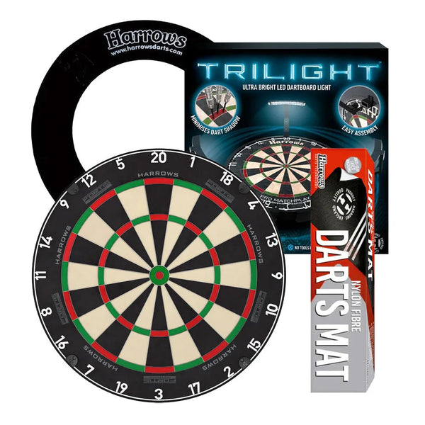 Harrows Fortis Board, Trilight, Nylon Mat & Surround Bundle-1-Black-Premier Darts