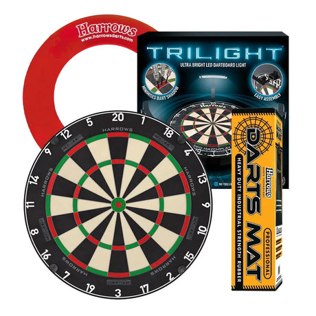Harrows Fortis Board, Trilight, Rubber Mat & Surround Bundle-2-Black-Premier Darts
